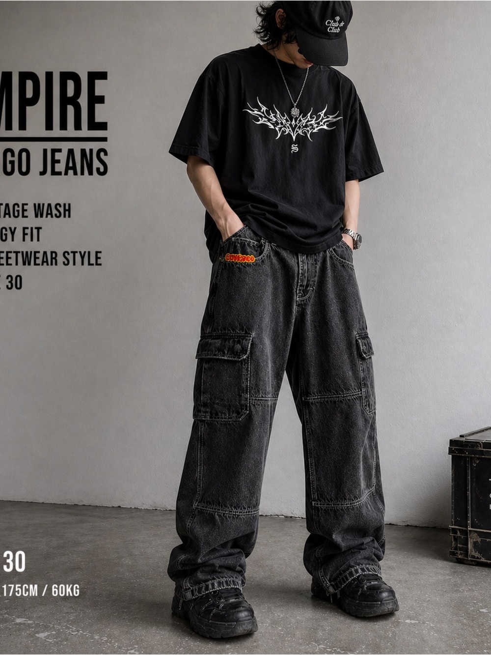 Empyre Black Washed Cargo Jeans size 30 Y2K